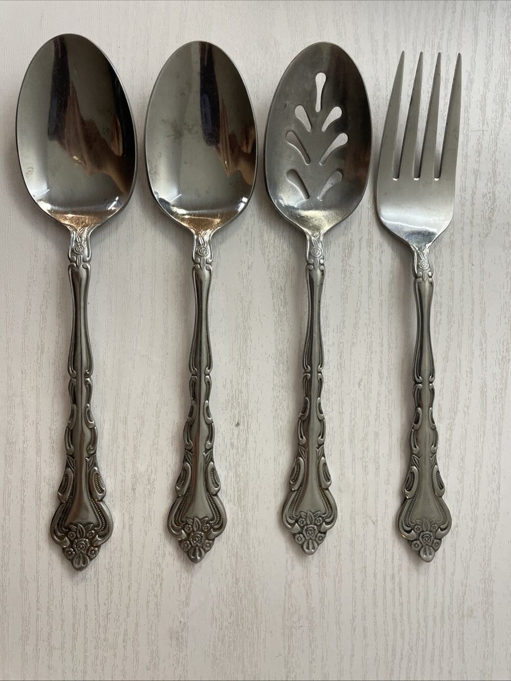 4 RARE Vtg International Stainless ABIGAIL Silverware Serving Floral Rose Taiwan